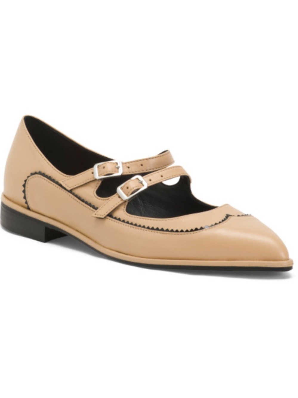 Napoleoni Women’s Double Strap Pointed Mary Jane Flats - Beige